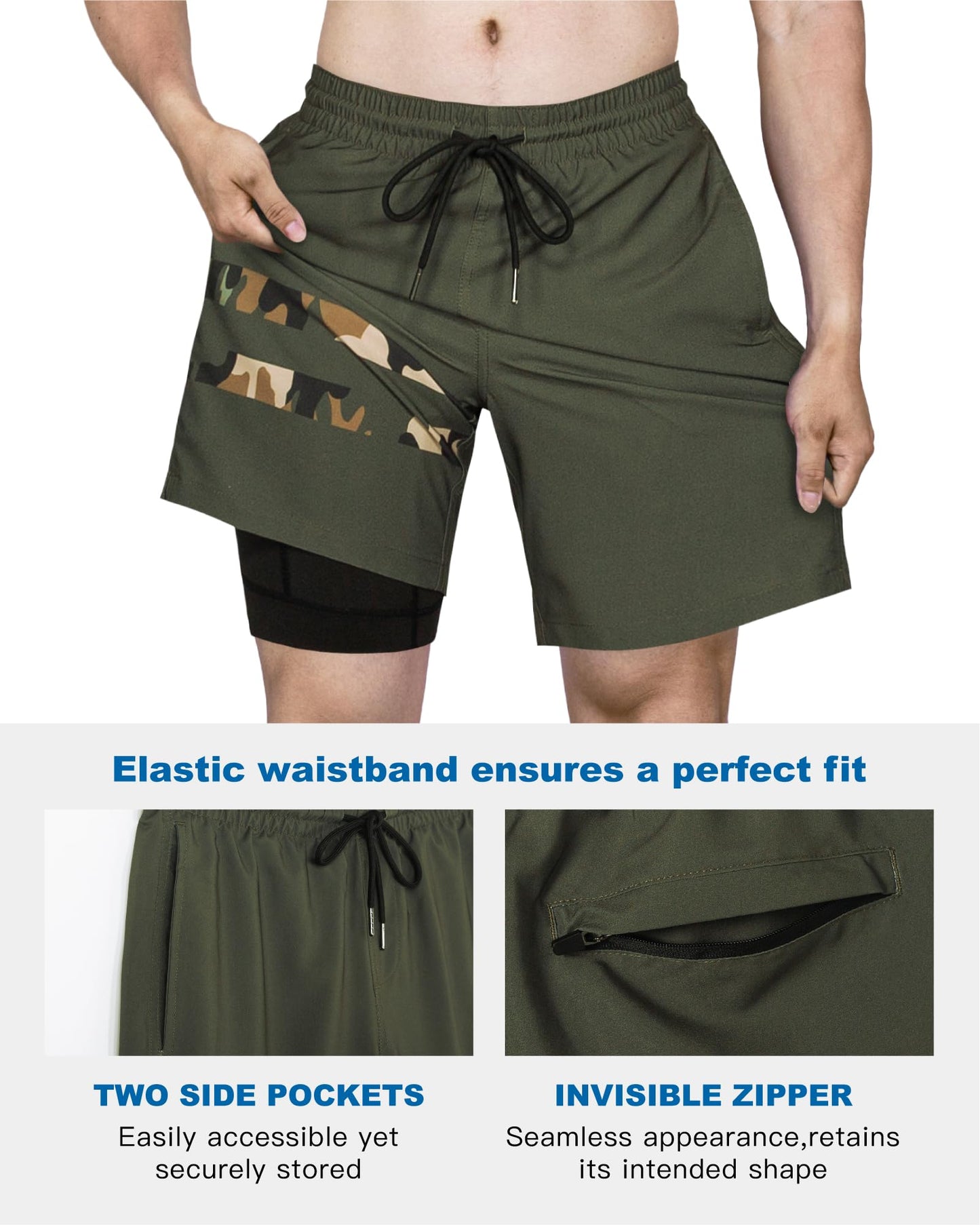 SURF CUZ Mens Swim Trunks with Compression Liner Quick Dry Swim Shorts 7" Swimming Trunks Stretch Bathing Suit Zipper Pockets,Jungle Drift,S