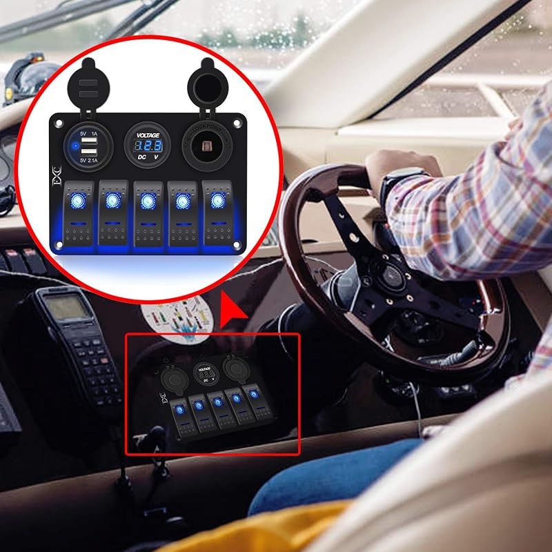 5-Gang Blue Aluminum Waterproof Marine Switch Panel with Dual USB 3.1A & Volt Meter