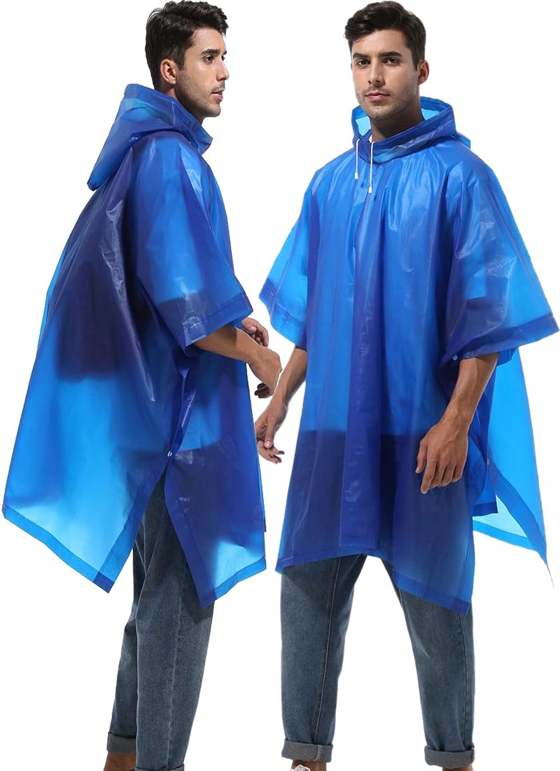 HOOMBOOM 2-Pack Reusable Rain Ponchos for Adults Blue, Lightweight EVA Emergency Rainwear
