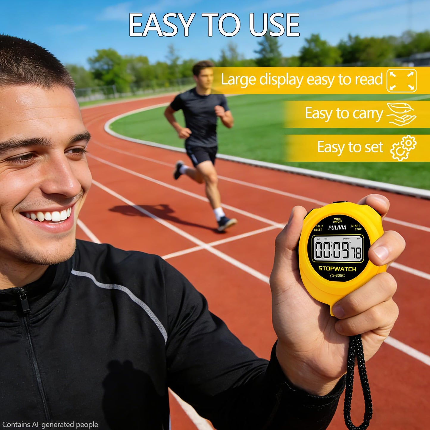 PULIVIA Stopwatch Timer with Countdown, Simple Operation Digital Stop Watch for Sports, Countdown-Alarm Button-Sound, AAA Battery Included (Yellow)