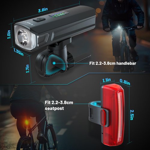 APECYC Bike Lights for Night Riding, Bicycle Front Headlight and Back Taillight with 4+5 Light Modes, USB Rechargeable Bright Bike Headlights for Cyclists and Commuters