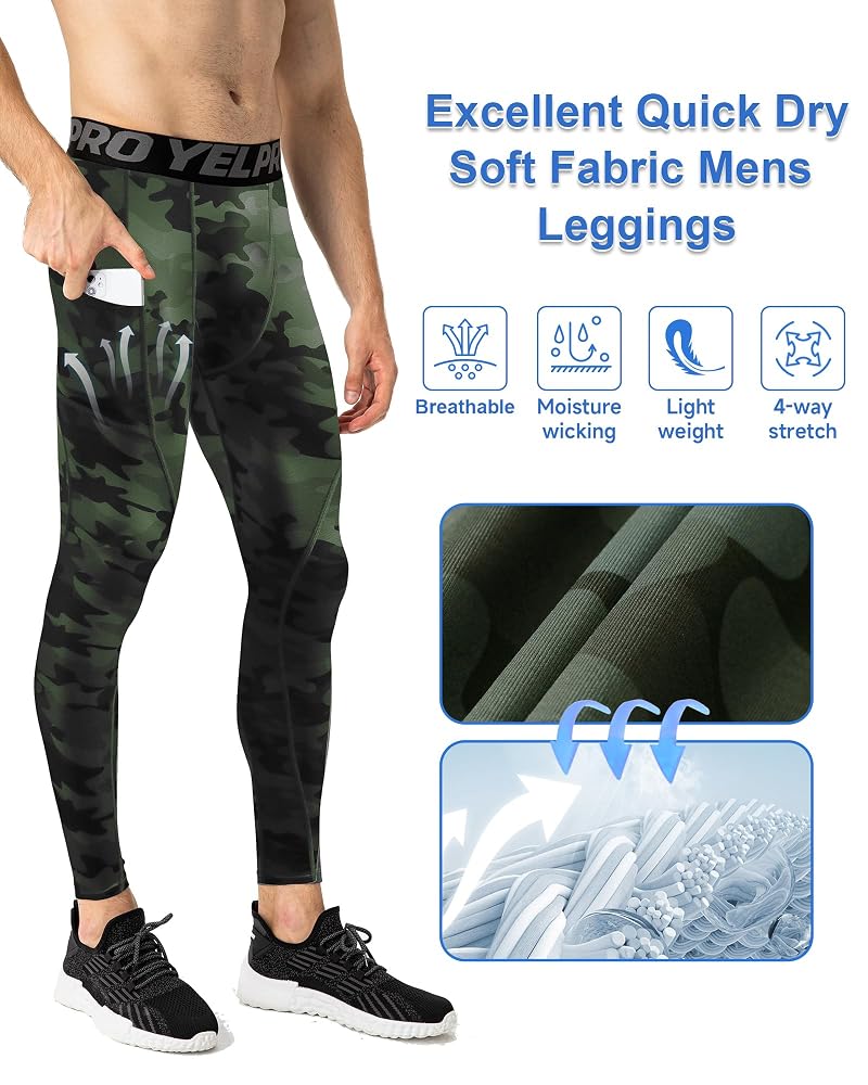 Compression Pants for Men with Phone Pocket - SPVISE 4-Way Stretch Run Tights Camouflage Green Large
