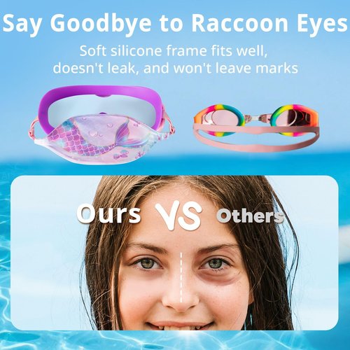 Pixel Panda 2 Pack Kids Swim Goggles with Fabric Strap for 6-14 Wide View Anti-Fog Anti-UV, No Leak No Hair Pulling Swimming Goggles Boys Girls Youth Pool Water Protection