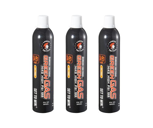 Lancer Tactical 560ml/18.9oz 14kg Powerful Green Gas High PSI G-1200 for Airsoft Pistol, Airsoft Rifle, Air Gun (Oil Free) -Pack of 3
