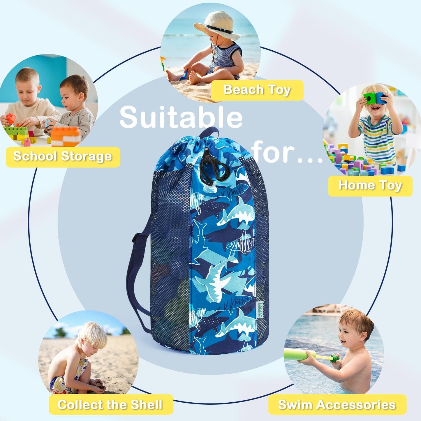 Shark Large Mesh Beach Bag for Kids, Kids Drawstring Beach Backpack for Boys, Tote Mesh Beach Toys Bag, Swim Pool Toys Balls Storage Bags Gym Bag, Beach Toy Shells Organizer