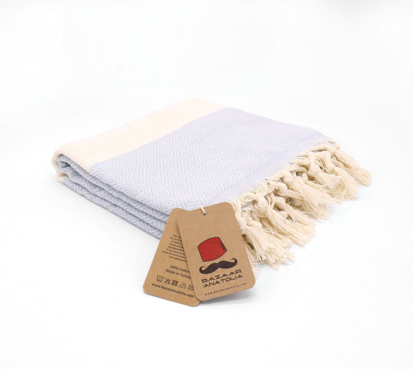 Bazaar Anatolia Turkish Beach Towel – 100% Cotton, Quick Dry, Sand Free Towel for Bathroom, Camping, Travel – Oversized 71x39 Inches – Diamond Light Blue