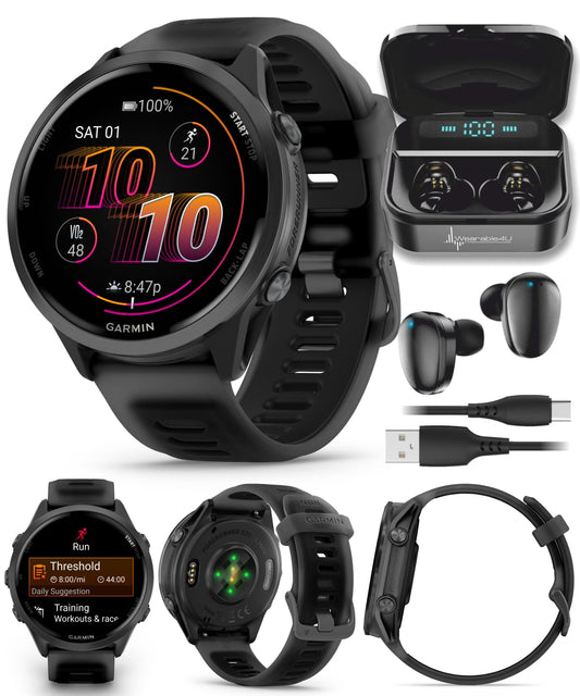 Garmin Forerunner 570 47mm Advanced GPS Running & Triathlon Smartwatch, AMOLED Display, Training & Recovery, Slate Gray Aluminum, Translucent Black & Black Band w/ Wearable4U BLK Earbuds Bundle