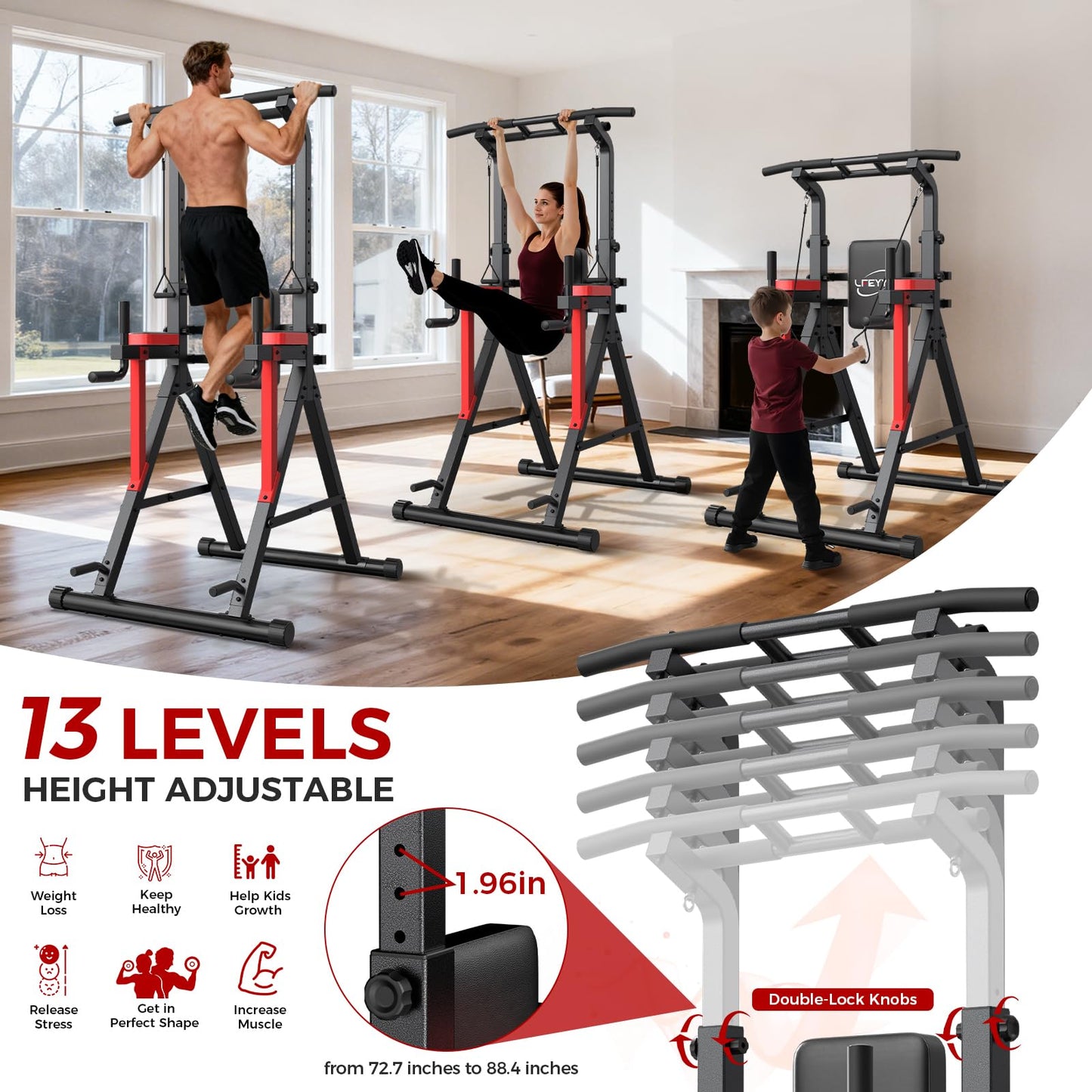 Power Tower Pull Up Bar Free Standing,13-Level Adjustable Height Dip Station with X-Frame Stability, Multi-Grip Handles, Backrest, Anti-Slip Foot Pads - Home Gym Strength Training Equipment 400LBS