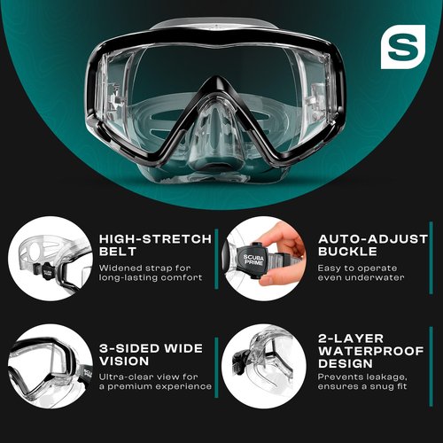 Scuba Prime Pano 3 Scuba Diving Mask, Tempered Glass Snorkel Mask Three-Window Scuba Mask No-Leak Dive Mask Silicone Skirt Diving Mask for Snorkeling and Scuba Use, TransBlack