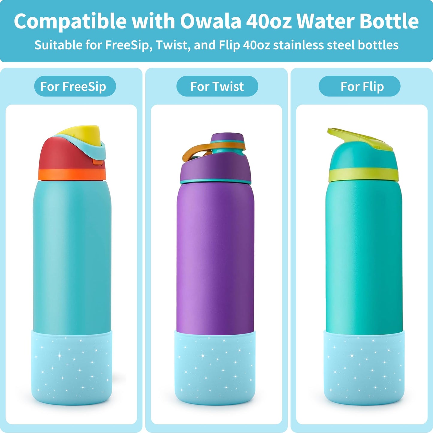 Diumepo Silicone Boot for 40 oz Owala Water Bottles, Anti-Slip Protective Sleeve for Owala Twist & FreeSip & Flip Insulated Water Bottle, Boot Bottom Base (Glitter Blue)