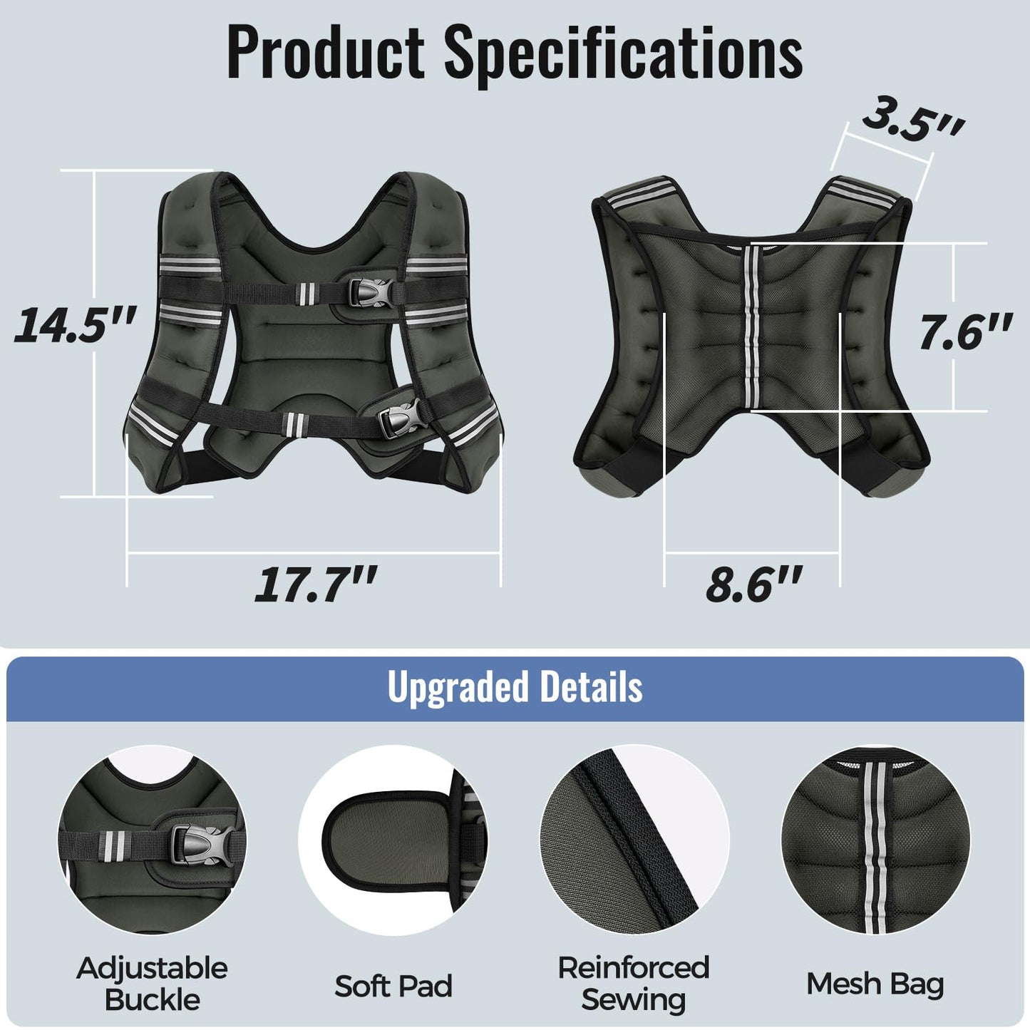 Zeerun Weighted Vest, 6lb/8lb/10lb/12lb/15lb/18lb/20lb/24lb/30lb for Men Women, Reflective Stripe Adjustable Buckle, Comfortable Durable Rucking Vest for Walking Running Strength Training, 15LBS-Gray