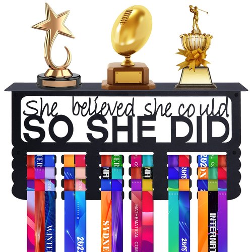 Biggun Metal Trophy and Medal Display Shelf - Easy to Install Medal Hanger with Trophy Shelf for Over 70 Running Race Wrestling Awards