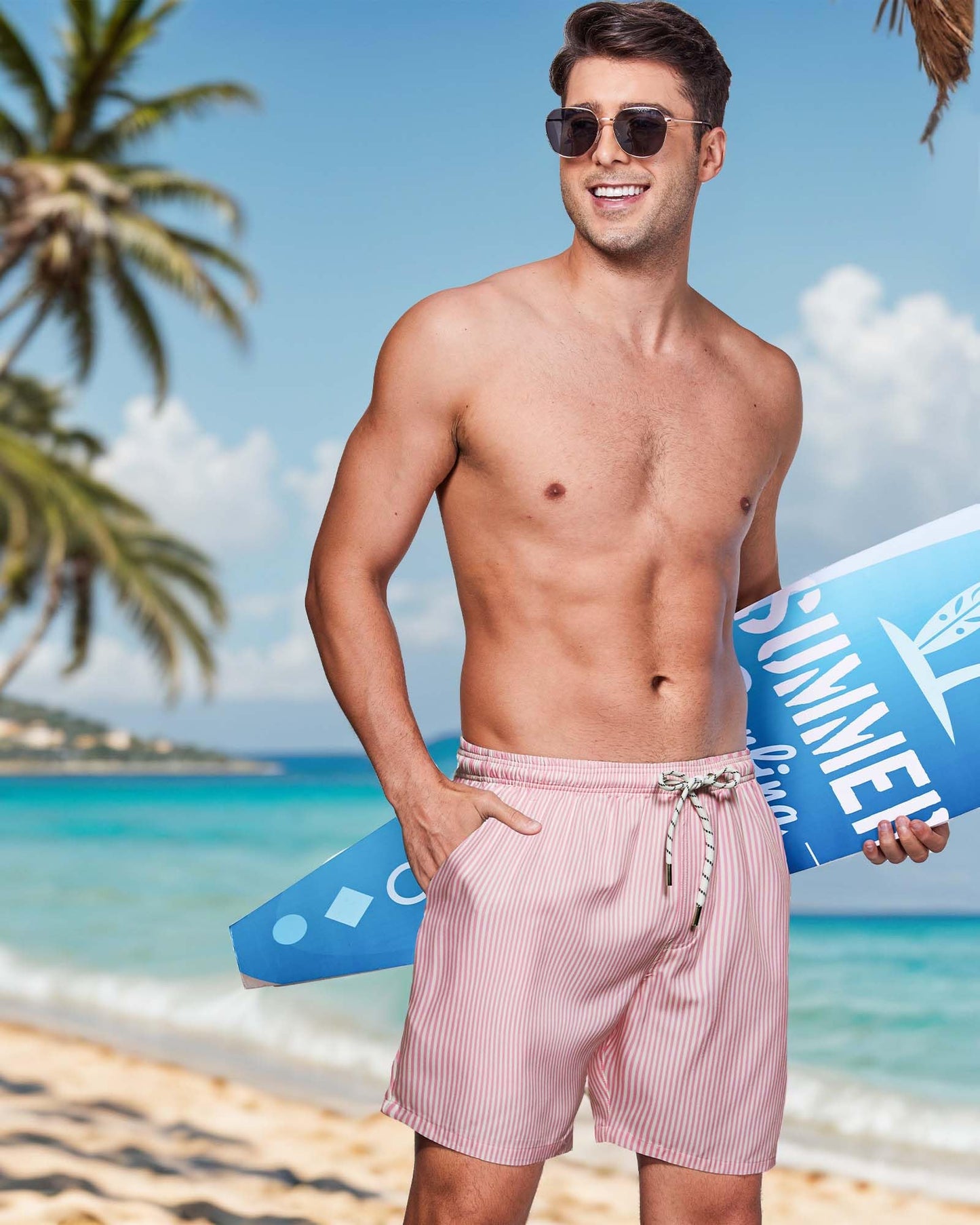 Gleeease Mens Beach Shorts Men's Bathing Suits with Mesh Liner Pockets Drawstring Quick Dry Stretch Lined Funny Beach Swimming Pool Surf Pink Striped Medium Swim Trunks