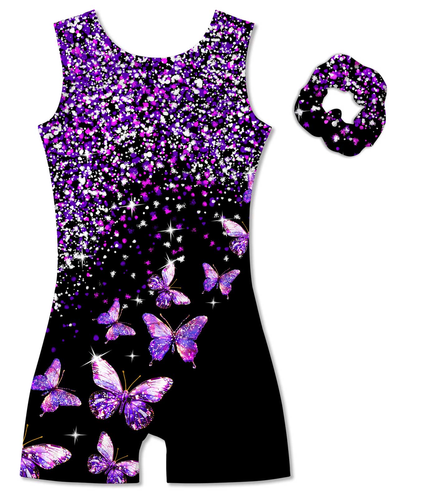 Vogseek 4-5T Girls Gymnastics Leotards with Hair Scrunchie Sparkle Dance Unitards Purple Butterfly's Active Biketards with Shorts for Kid Cute Tumbling Dance Outfit, Black