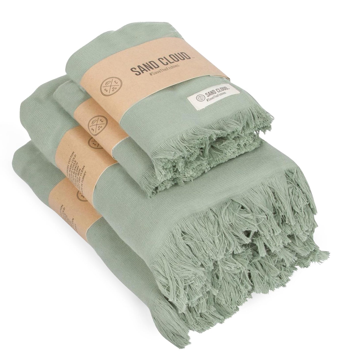 Sand Cloud Turkish Bath Towels Bundle for Bathroom, Set of 4 (Terra Sage) - Large Size - 100% Certified Organic Cotton Yarn is Lightweight, Soft & Absorbent - Premium Bath & Hand Towels Dry Faster