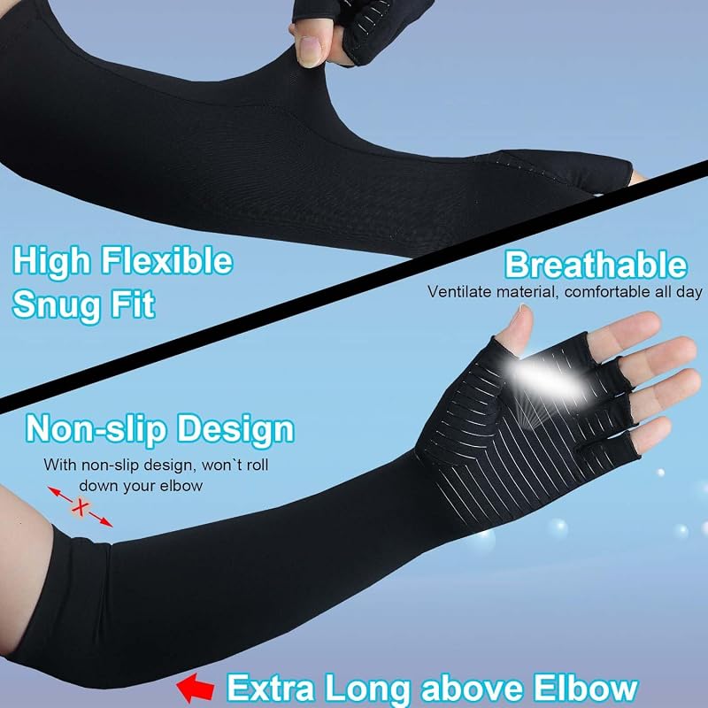Copper Long Arthritis Gloves with Fingerless Design - Medium, Black