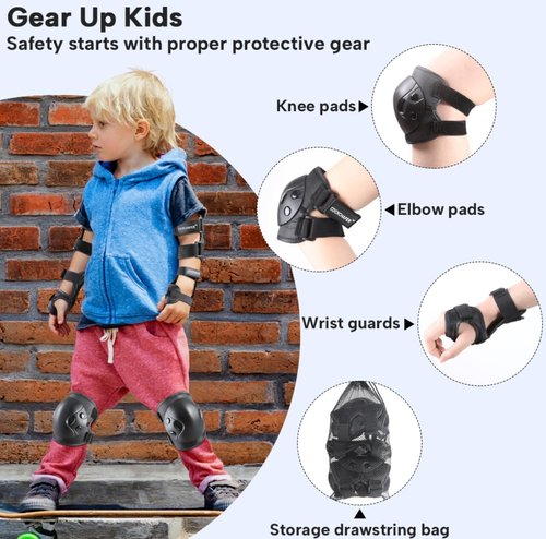 Cockchafer Kids and Youth Knee Elbow Wrist Guards Protective Gear Set for Skateboarding, Roller Skating, Inline Skating, Scooter Riding, BMX Biking (Black, Small)