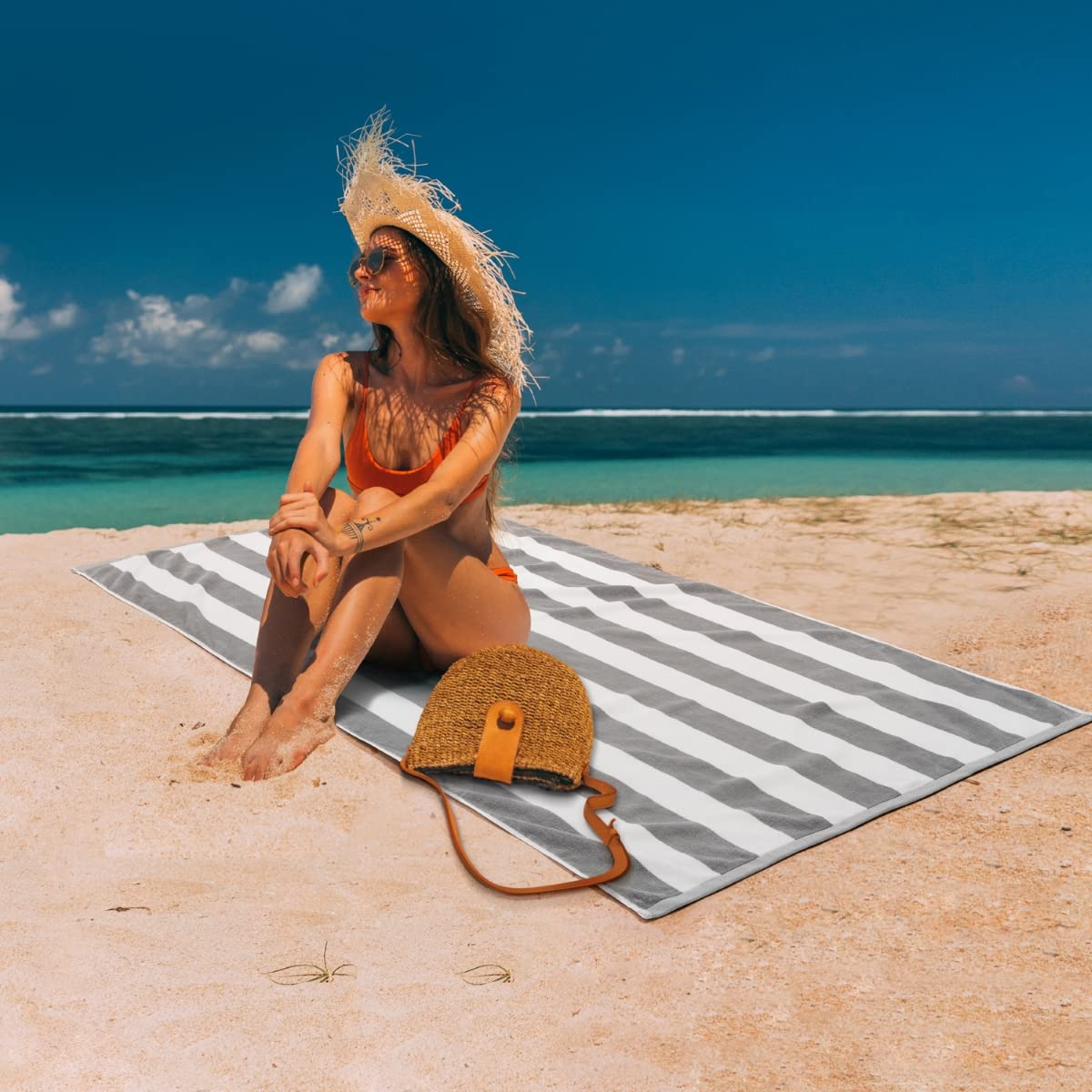 LULUHOME Large Oversized Beach Towel - Big Cotton 36 x 70 Inch Striped Pool Towel, Large Cabana Soft Swimming Towel for Adult Men Women,Grey