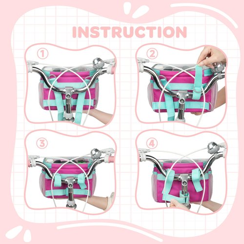 Kids Bike Basket, Front Frame Handlebar Bag for Toddler Scooter Tricycle Bicycle, Cute Small Fabric Bicycle Basket for Boys & Girls, Pink