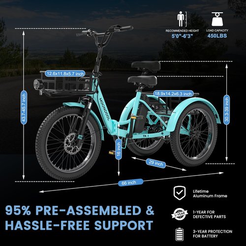 MOONCOOL Electric Tricycle for Adults, 500W/750W 48V 20" Folding Electric Trike Peak Power 1100W, 3 Wheels Electric Bicycle, Aluminum Frame Electric Tricycle with Large Basket and Removable Battery