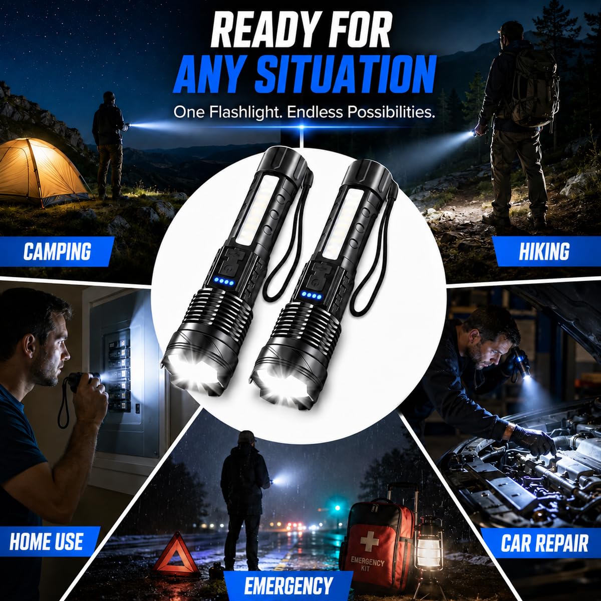 Rechargeable LED Flashlights, 99,000 Lumens Super Bright Handheld FlashLight, 7 Modes with COB Work Light, IPX6 Waterproof, Adjustable Tactical Flash light for Home,Camping and Emergencies-2 Pack