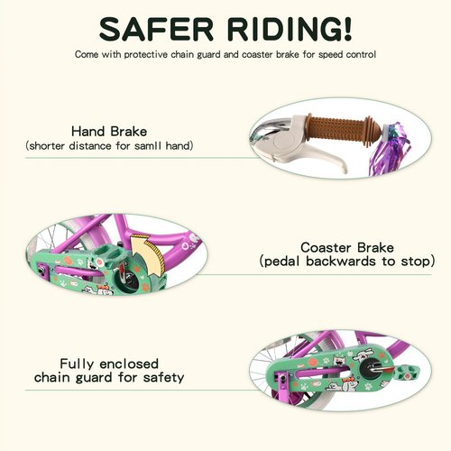 RULLY 14 Inch Girls Bike with Training Wheels, Purple Kids Bicycle with Basket & Doll Seat for 3 4 5 Years Old Toddlers, Children's Bicycle for Beginners