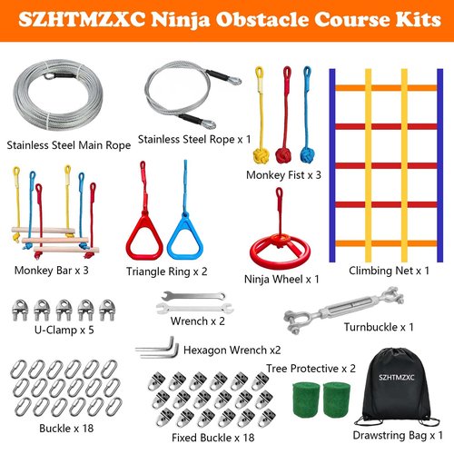 SZHTMZXC 50FT Ninja Warrior Obstacle Course for Kids Backyard Outdoor, 10 Ninja Accessories Play Set Equipment, Stainless Steel Main Rope 500lbs, Monkey Bars, Ninja Wheel, Climbing Net (50FT 10Pcs)