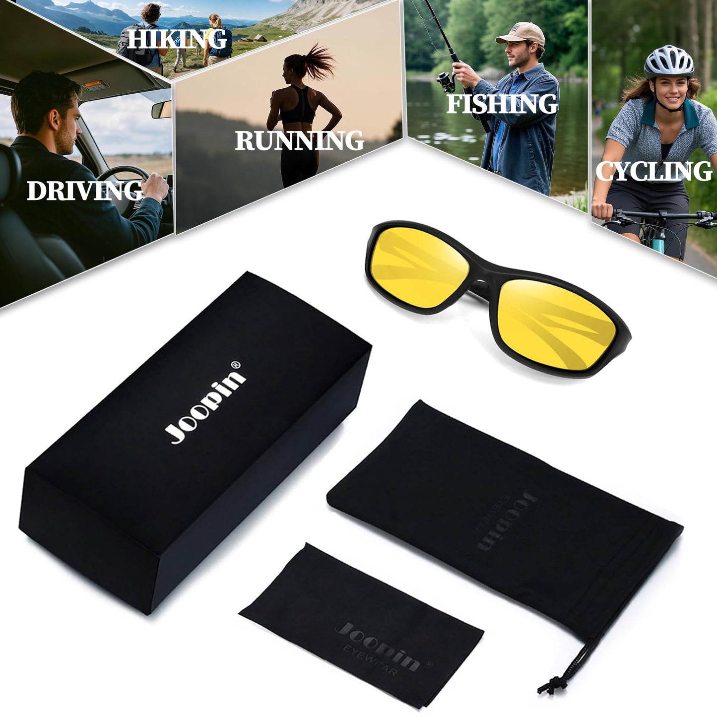 Joopin Sports Night Vision Glasses Yellow Lens Shades for Men Women Wrap Around Night Driving Glasses UV Protection (Black Yellow)
