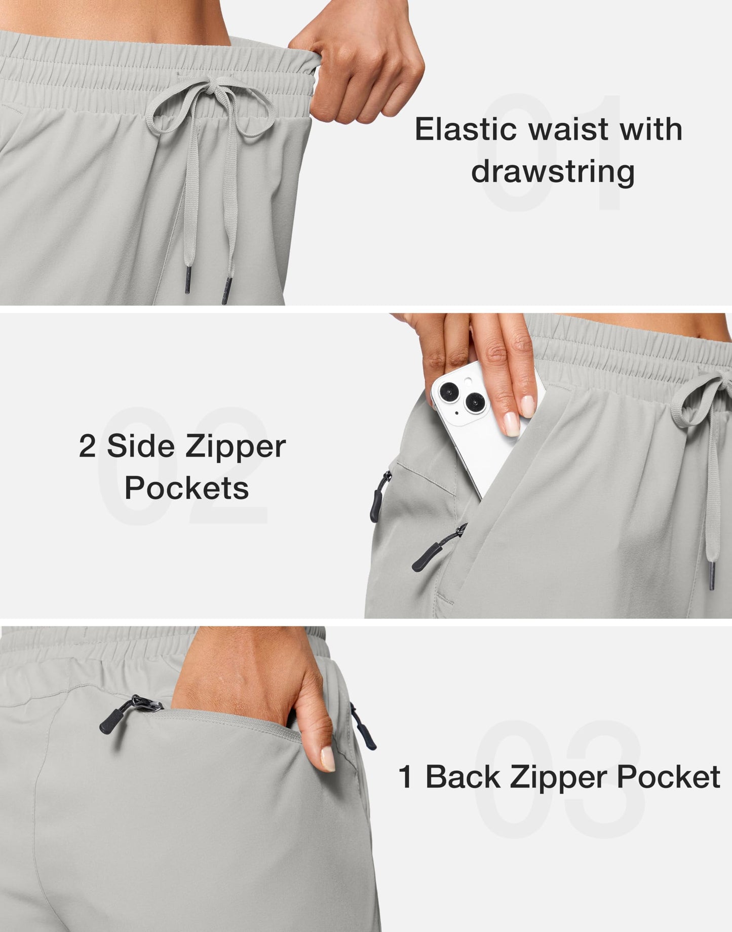 SANTINY Women's 7''/ 9'' Hiking Shorts with 3 Zipper Pockets Lightweight Quick Dry Long Athletic Golf Shorts for Women Casual (Light Grey_M)