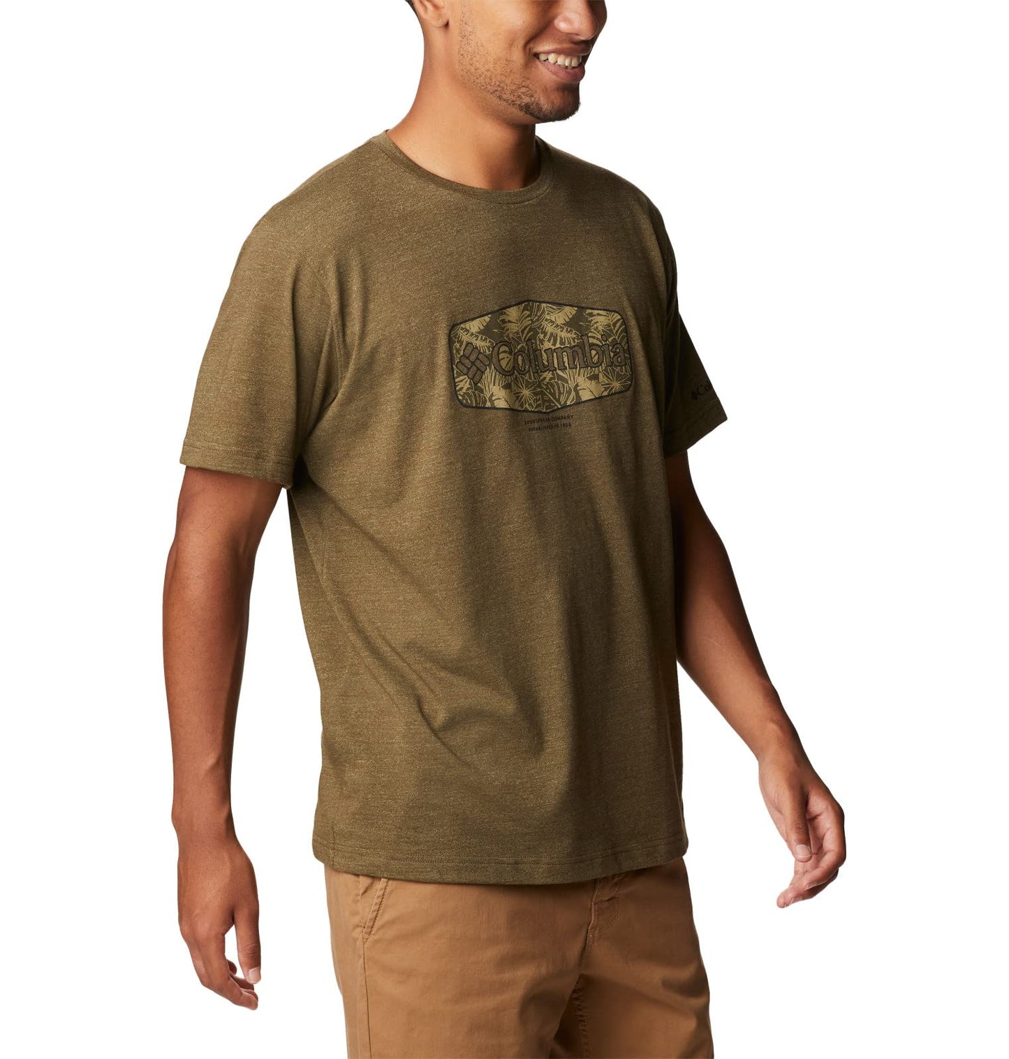 Columbia Men's Thistletown Hills Graphic Short Sleeve, Olive Green Heather/Wanderland Graphic, Medium