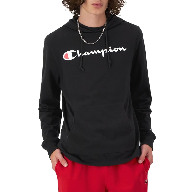 Champion Men’s Long Sleeve T‑Shirt Hoodie - Black with Classic Script Logo