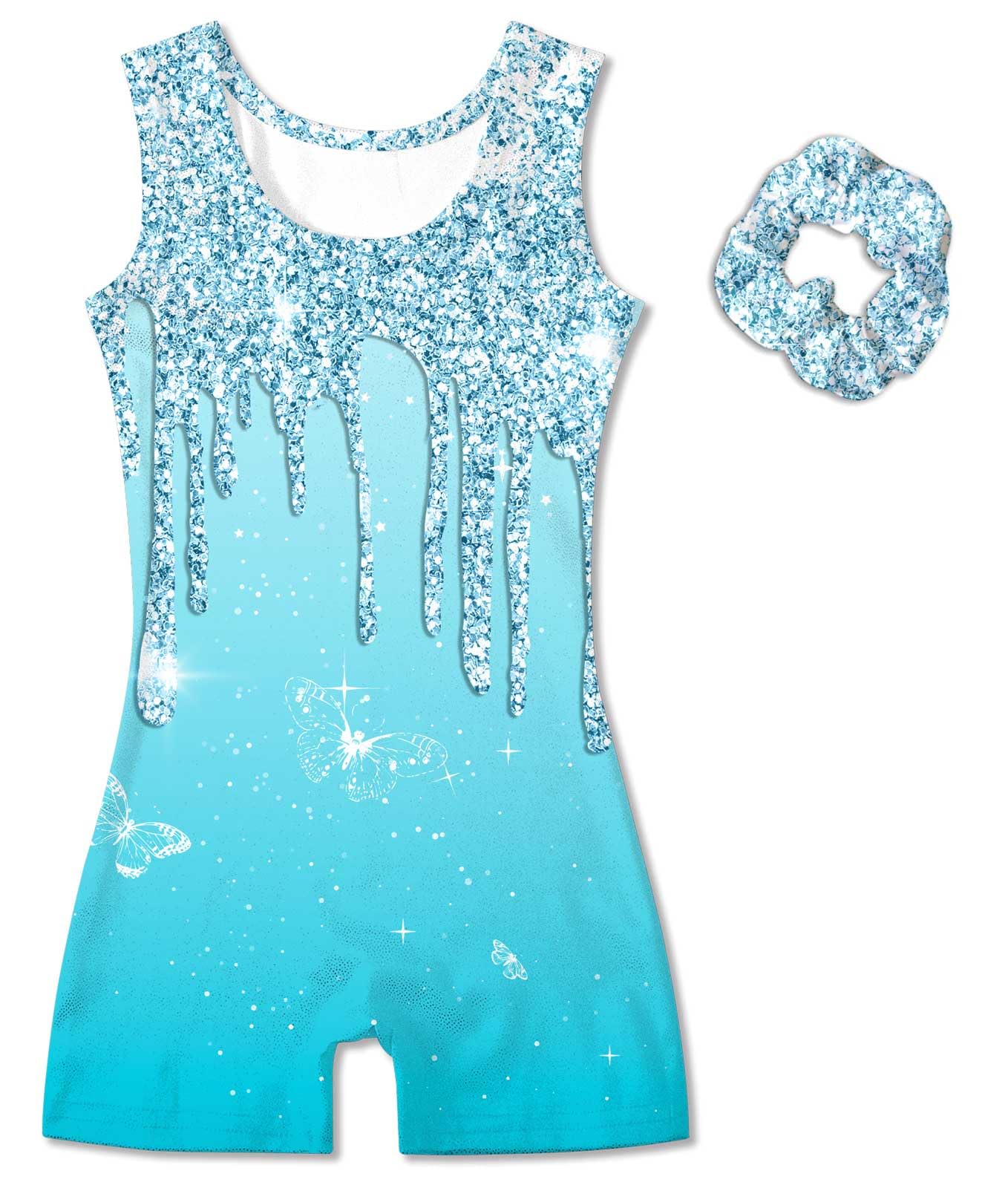 Vogseek Sparkly Gymnastics Leotards for Girls 6 7 Years Cute Light Blue Shiny Ballet Dance Unitards Biketards with Hair Scrunchie Kids Tumbling Shorts Activewear Clothes, Blue Shiny