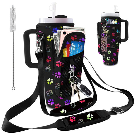 40 oz Tumbler Carrier with Strap Water Bottle Holdeand 30oz Tumbler Carrier with Strap Bottle Holder Dog Paw Stanley Cup Purse Accessories for Hiking Travelling Camping 3 Pockets to Hold More