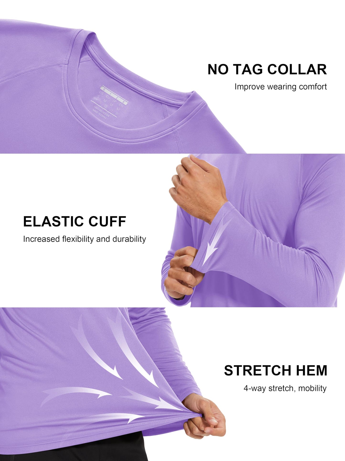 Quick Dry Shirts Baselayer Shirt Rash Guard Men UV Protection Summer Shirts for Men Long Sleeve Shirts for Men Hiking T-Shirt Sun Shirts Light Purple