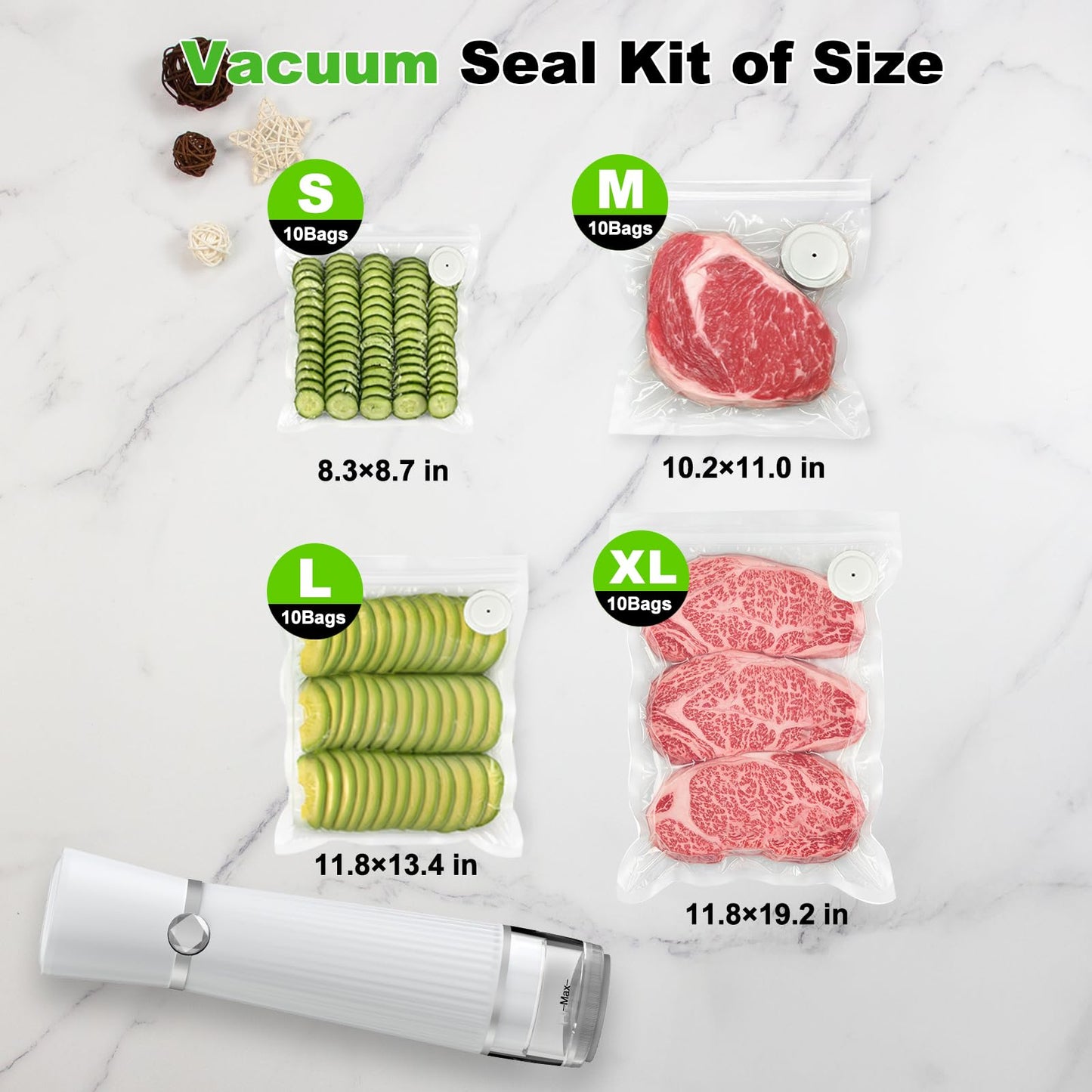 Jexqizy Vacuum Sealer for Food (Compact Vacuum Sealer Machine + 40 Reusable Vacuum Bags), Handheld Vacuum Food saver for 10X Preservation & Fresh, Powerful 80Kpa Portable Vacuum Sealer