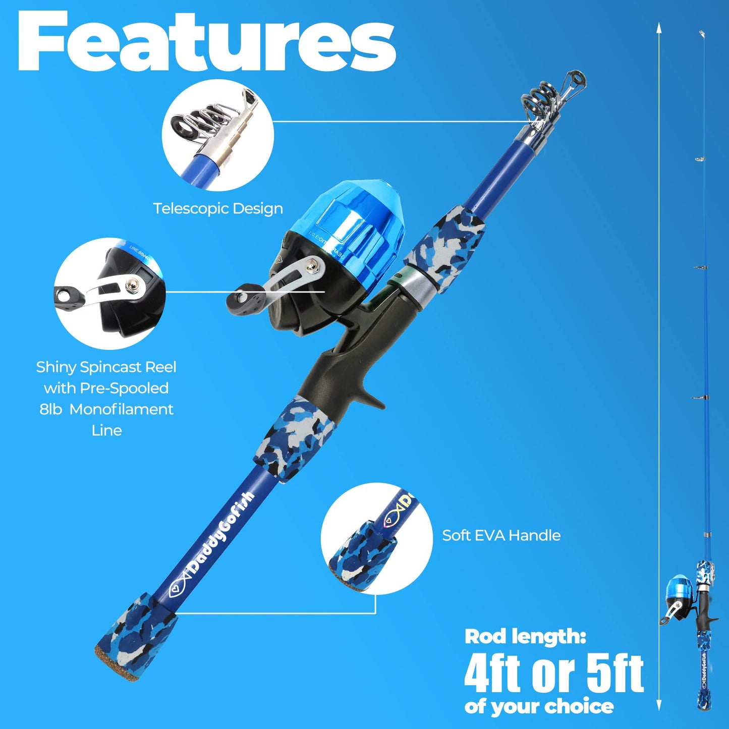 DaddyGoFish Kids Fishing Pole - Rod Reel Combo Tackle Box Starter Set - First Year Small Dock Gear Kit for Boys Girls Toddler Youth Age Beginner Little Children Junior Anglers (2 Pack Blue + Blue 4ft)