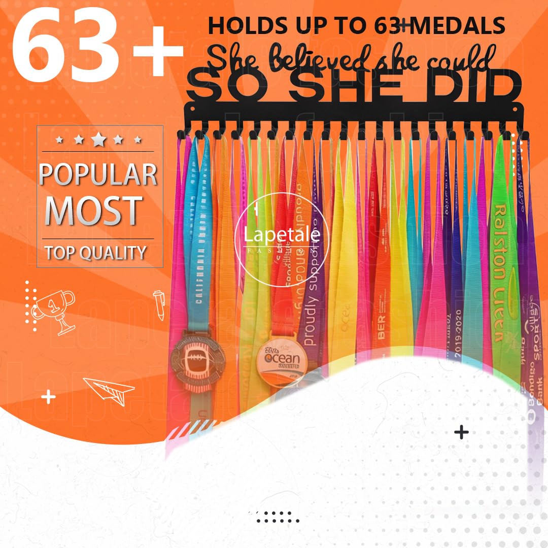 Lapetale Fashion Metal Medal Hanger Display for 63 Medals – She Believed She Could So She Did (16" Wide with 20 Hooks) - Black- Awesome Gifts-Patent NO.983560S