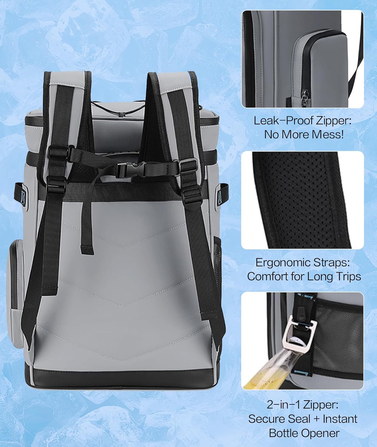 Insulated Cooler Backpack 30L - Leak Proof, 24+ Hour Ice Retention, Lightweight for Camping, Beach, Hiking with Bottle Opener - Gray
