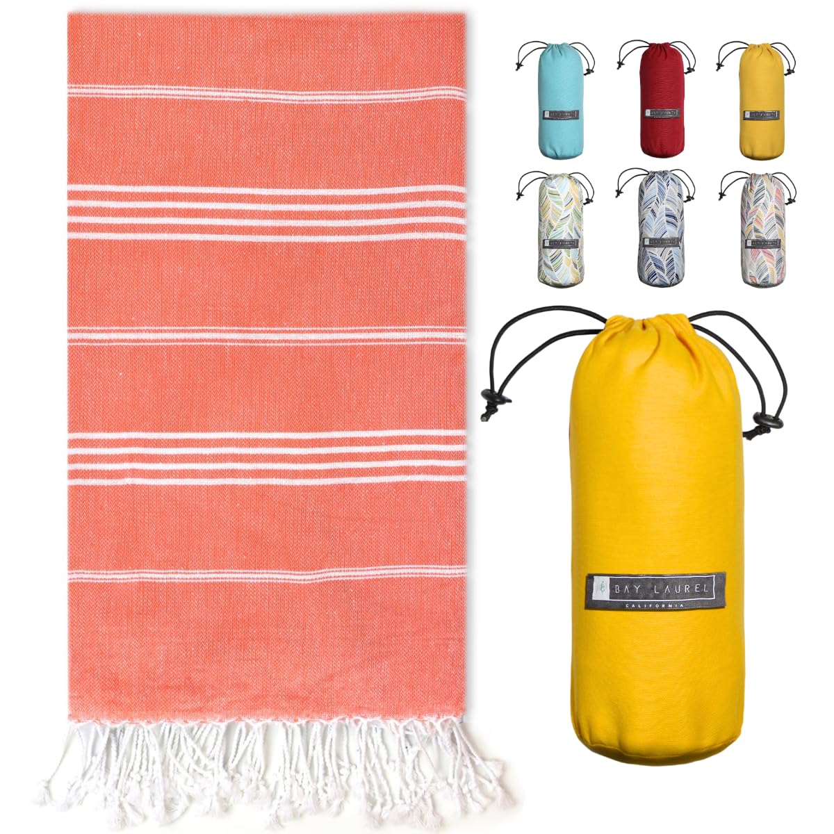 BAY LAUREL Turkish Beach Towel with Travel Bag 39 x 71 Quick Dry Sand Free Lightweight Large Oversized Towels Light (Orange with Yellow Bag)