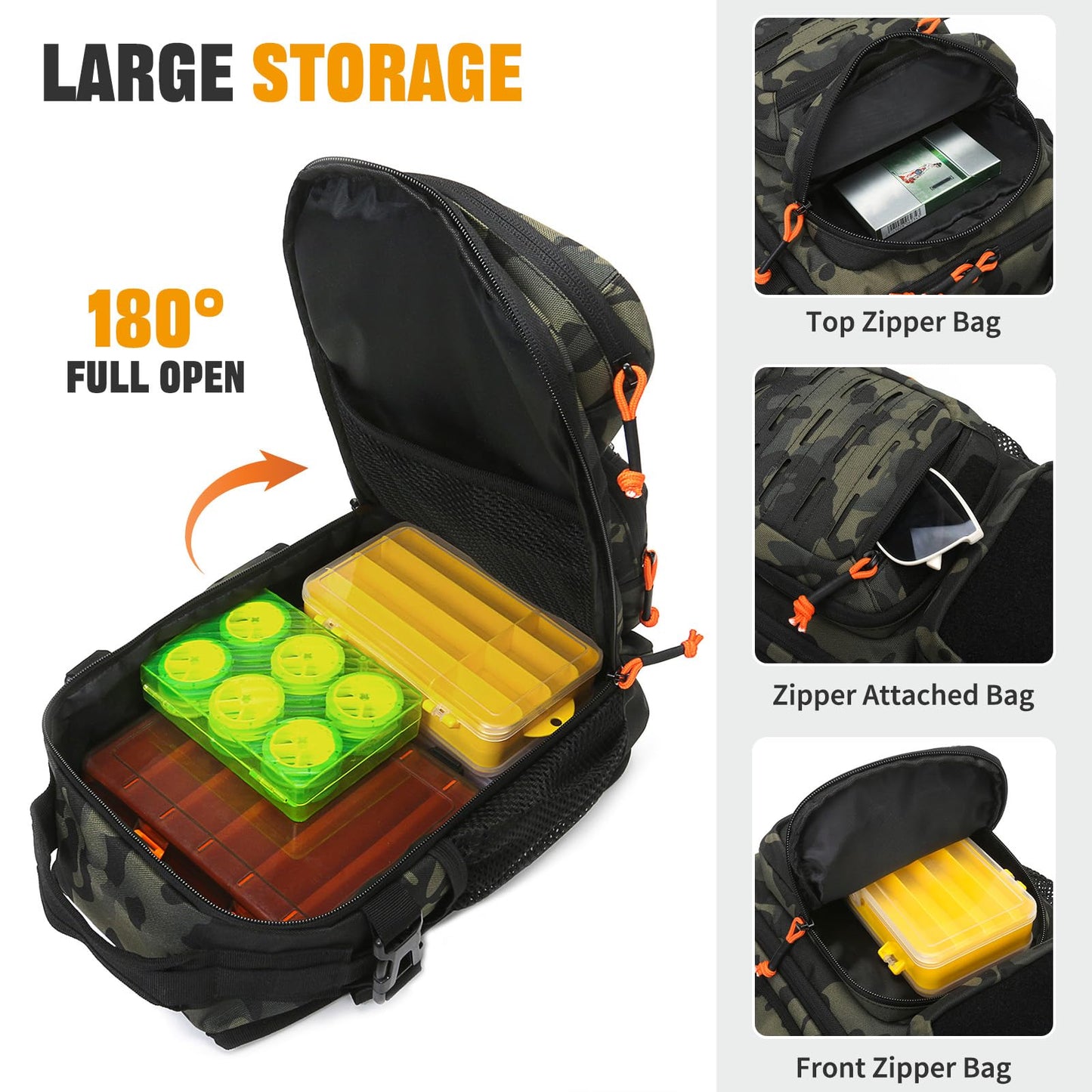 HUNTVP Fishing Sling Bag Lightweight Tackle Bag Small Fishing Backpack Tactical Shoulder Sling Bags with Rod Holder, Storage Gear and Equipment, Gifts for Men (Camo)