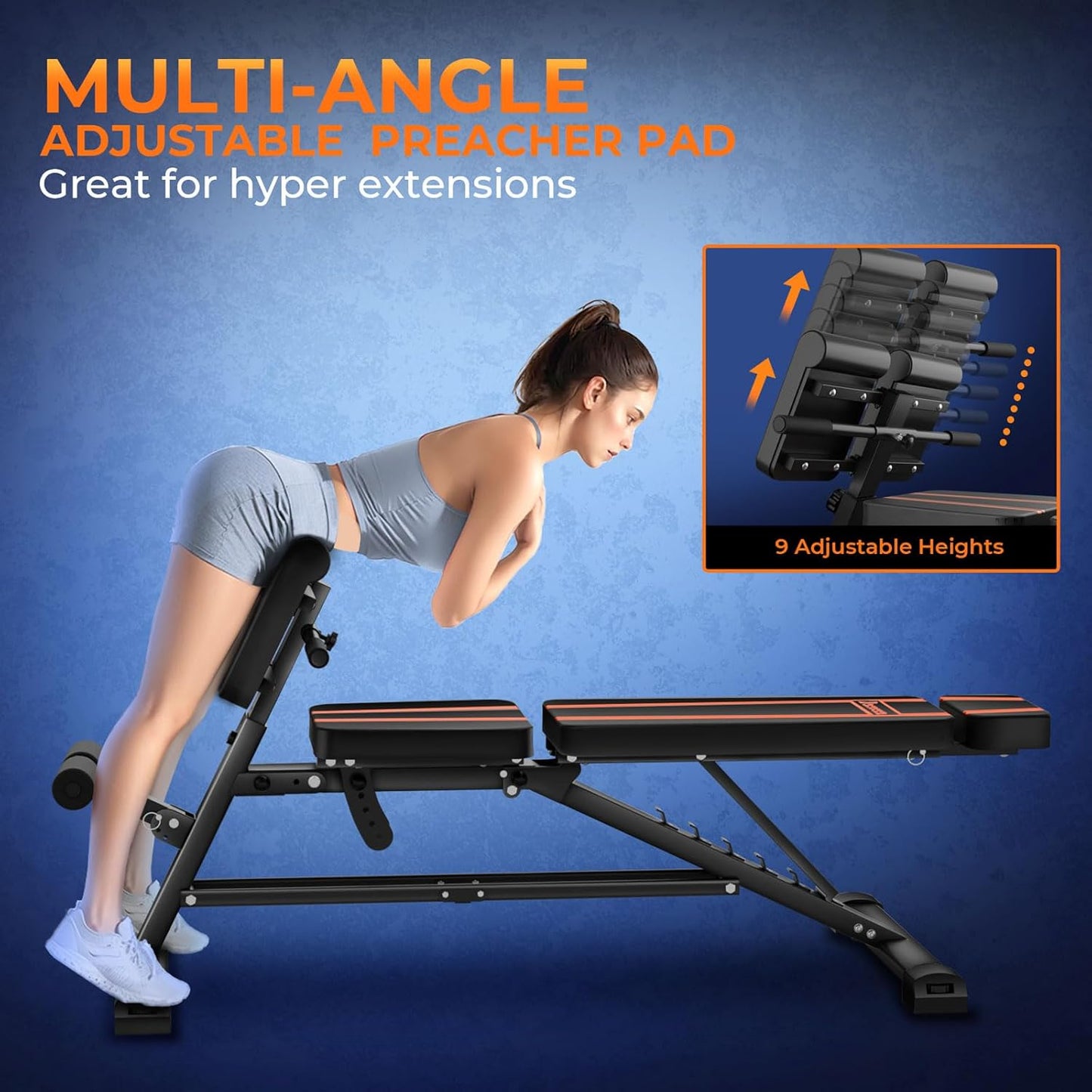 1000LBS Adjustable Weight Bench - Heavy Duty Workout Bench Press with Handle for Home Gym Exercise, Roman Chair Ab for Hyper Back Extension with Handle, Sit Up Flat Incline Decline Bench for Full Body