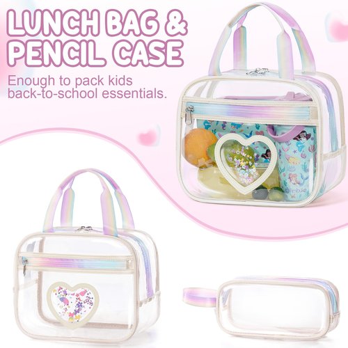 Fimibuke Clear Backpack for Girls, 3PCS Heavy Duty PVC Transparent Kids Backpack for Teen Girls, School Concert Stadium Approved See Through School Teen Girl Bookbag with Lunch Box & Pencil Case, Pink