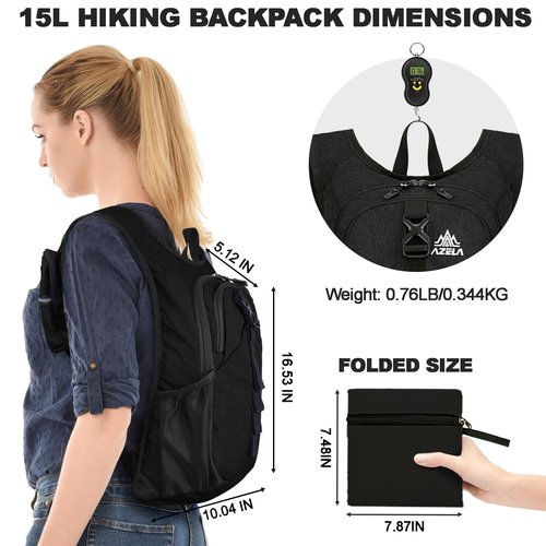 Seektop 15L Small Hiking Backpack for Women Men, Foldable Packable Backpack with Phone Pocket, Lightweight Travel Daypack for Hiking Camping Outdoor (Black)