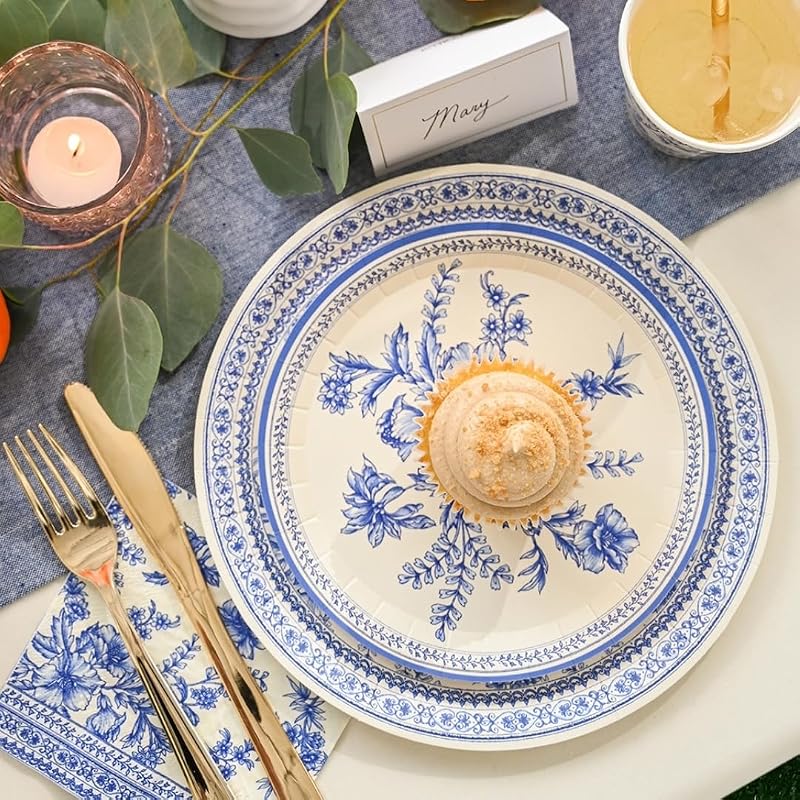 Blue & White Floral Paper Plates (Set of 10) 9.25” - Coterie Toile Floral Party Plates, Blue