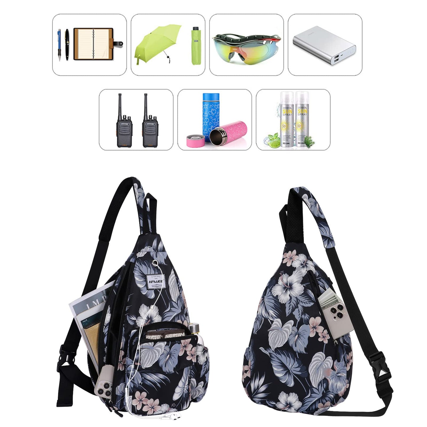 HAWEE Hawaii Flower Crossbody Sling Shoulder Bag Lightweight Waterproof Cloth with Adjustable Strap Earphone Hole, Hibiscus