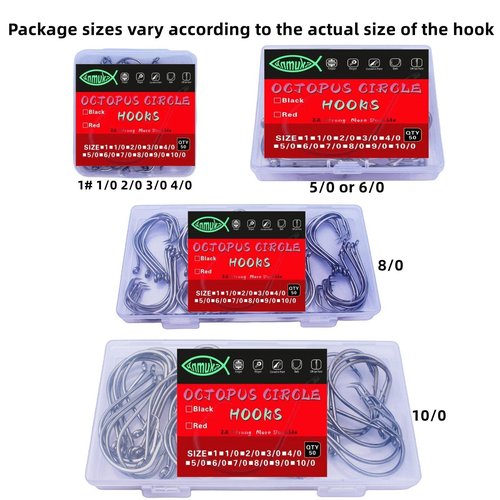 Circle Hooks Fishing Hooks 2X Strong Octopus Offset Fish Catfish Bulk Fishing Gear Equipment Hooks Set Saltwater Freshwater 50PCS(1# 50/Pack)