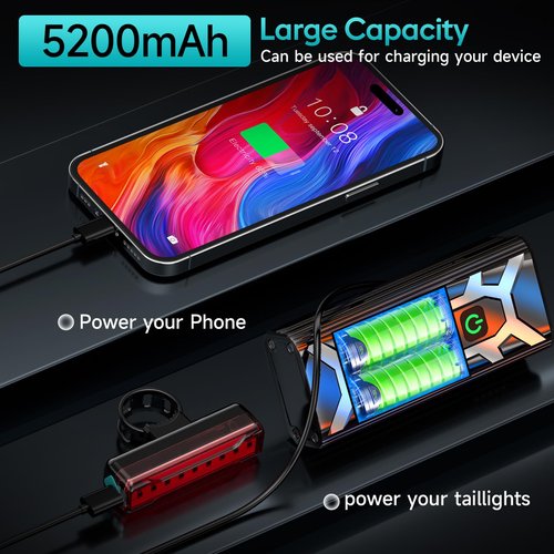 Upgrade Super Bright 6 LED Bike Light for Night Riding,6000 mAh Aluminum Rechargeable Bicycle Light,Runtime 48+hrs,10 Modes Waterproof Safety Bike Headlight Taillight for Outdoor Cycling,2000 LM