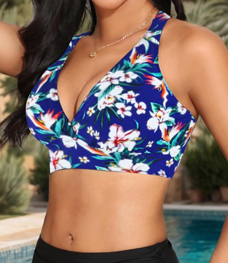Blue Floral Sporty Bikini Top for Large Bust - Removable Pads, Crisscross Straps
