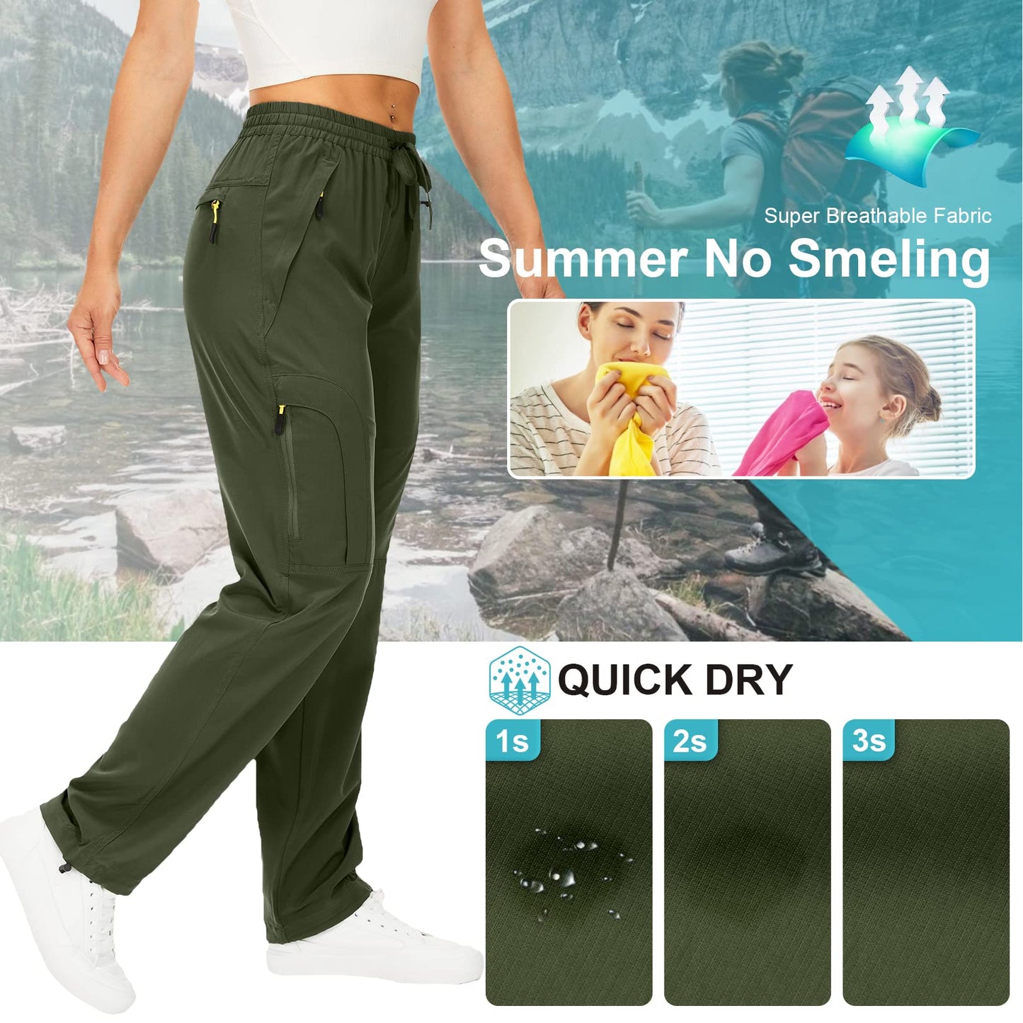 Womens Hiking Pants Quick Dry UPF 50 Lightweight Travel Golf Cargo Safari Pants Zipper Pockets,6608,Army,Petite XS