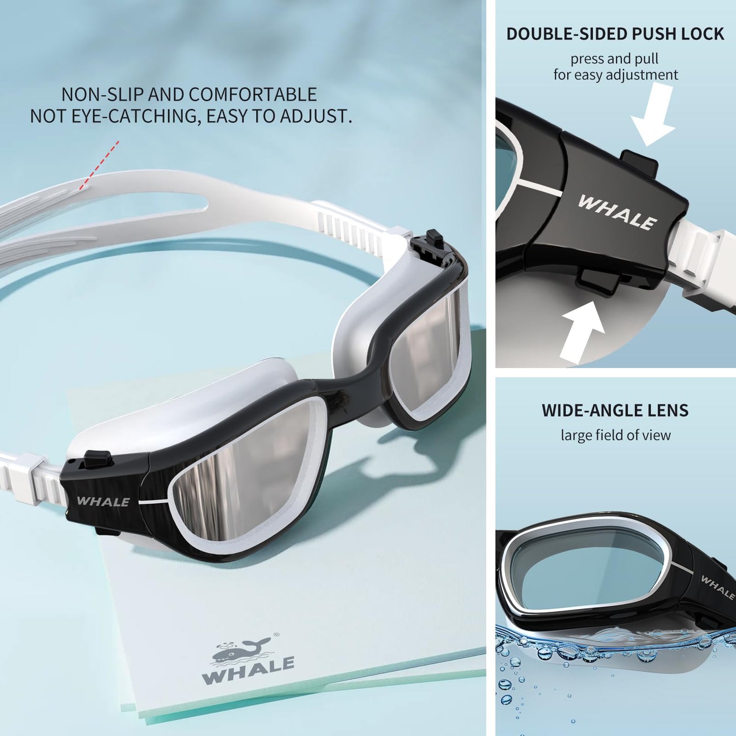 Whale Polarized Swim Goggles, GE Anti-Fog Anti-UV Protection No Leaking Swimming Pool Goggles for Men, Women, and Youth (（Polarized） Classic black and white + Glamour silver)
